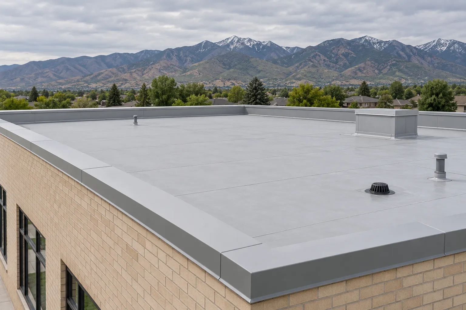 Illustrative low-slope commercial roof and parapet
