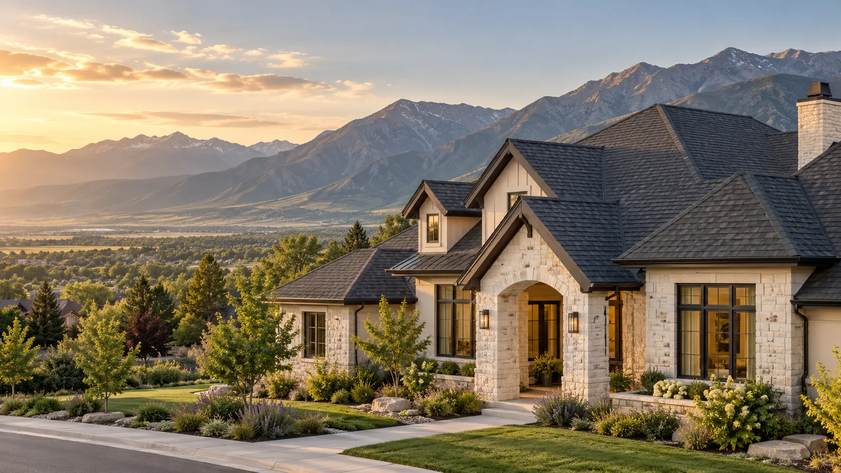 Illustrative northern Utah home with an asphalt-shingle roof and mountain backdrop