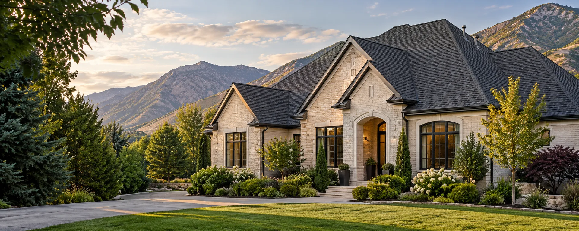 Illustrative asphalt-roofed home in a northern Utah-style setting